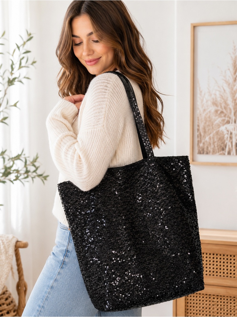 Black Sequin Tote Bag Large Sparkle Shoulder Bag
